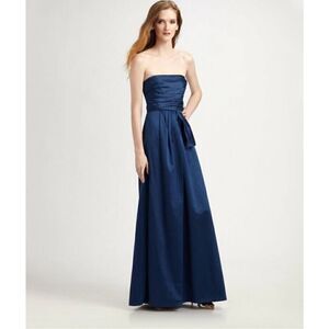 BCBGMaxazria Women’s Strapless Blue Ink Pleated Bow Maxi Occasion Gown